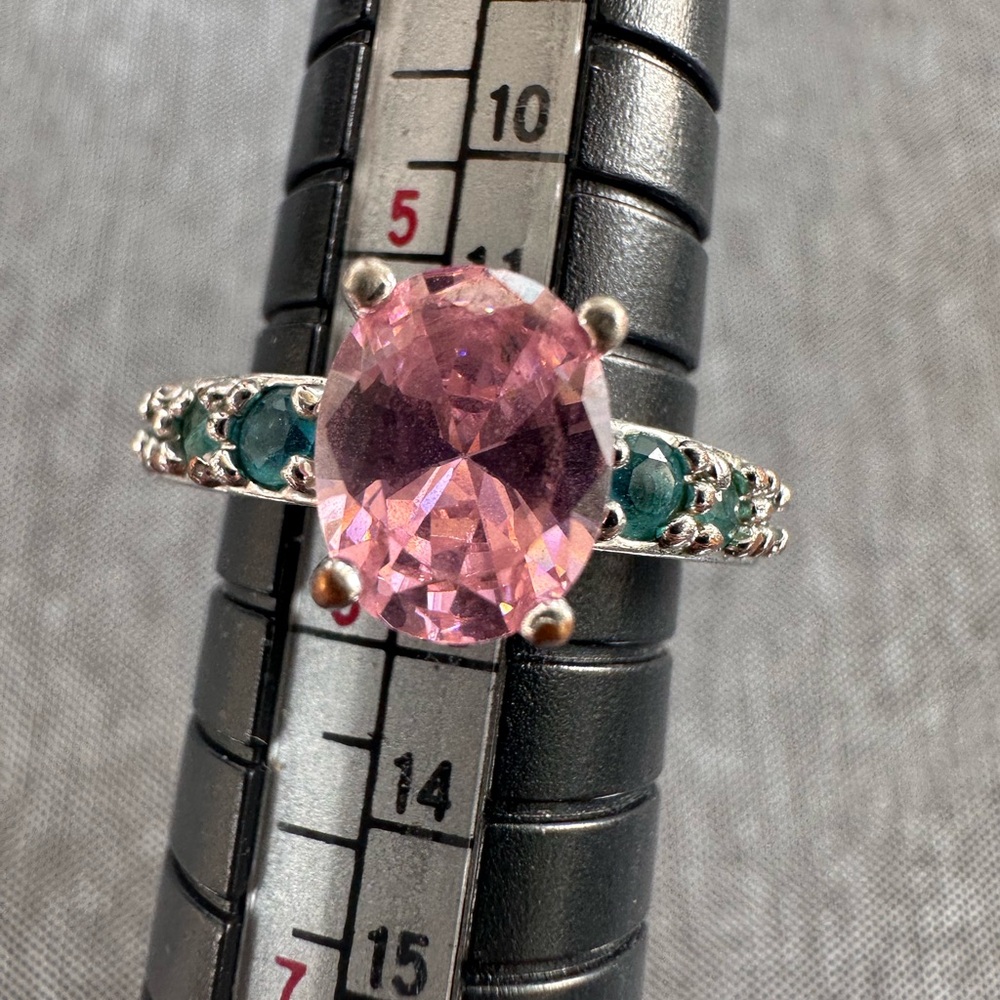Pink & Green Gemstone Sterling Ring - Elegant Oval Center